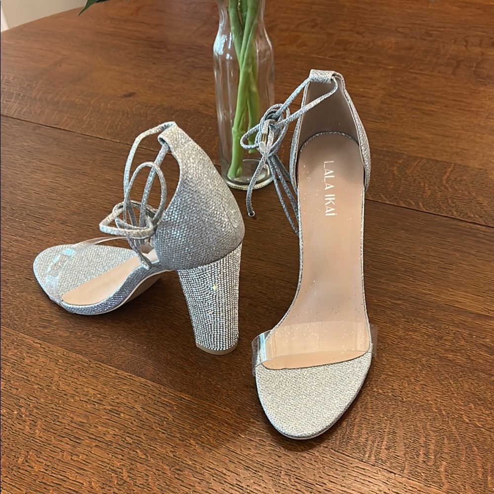 Silver Chunky Block Heel Sandals with Ankle Strap